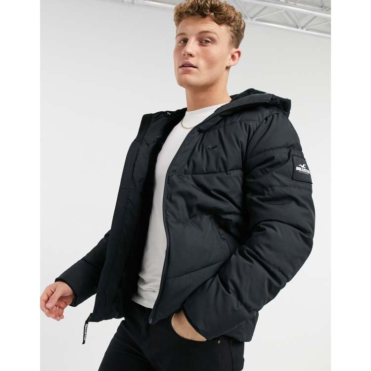 Hollister faux-fur lined hooded puffer jacket in black