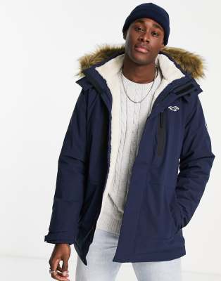 Hollister faux fur trim hooded heavyweight parka coat in navy