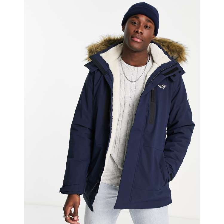 Hollister faux fur trim hooded heavyweight parka coat in navy