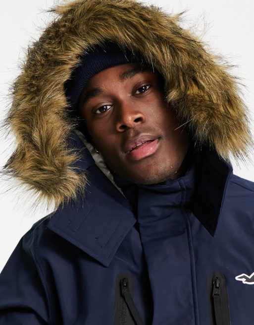 Hollister faux fur trim hooded heavyweight parka coat in navy