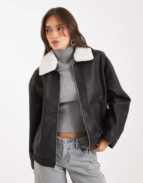 Hollister faux leather bomber jacket with removable shearling collar in washed black