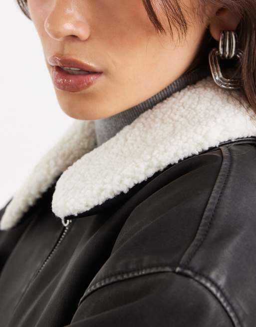 Hollister faux leather bomber jacket with removable shearling collar in washed black, 3 of 4