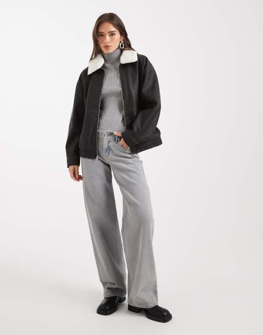 Hollister faux leather bomber jacket with removable shearling collar in washed black, 4 of 4