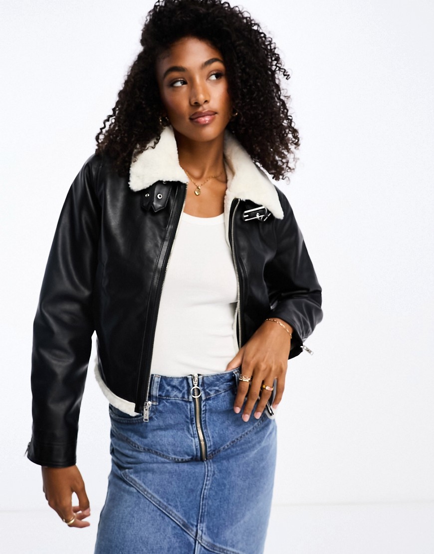 Hollister faux leather cropped biker jacket with faux fur lining in black