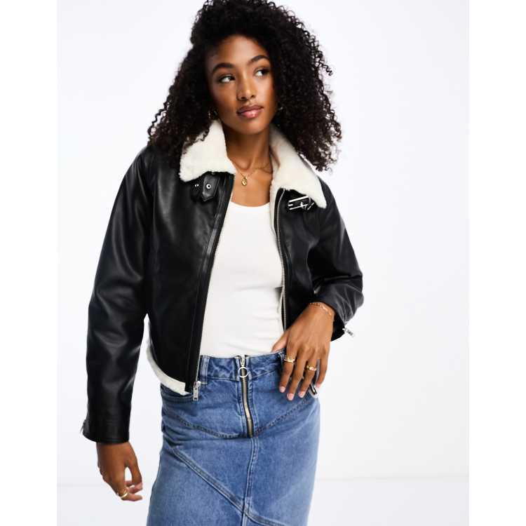 Hollister faux leather cropped biker jacket with faux fur lining