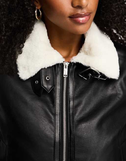 Hollister faux leather cropped biker jacket with faux fur lining in black