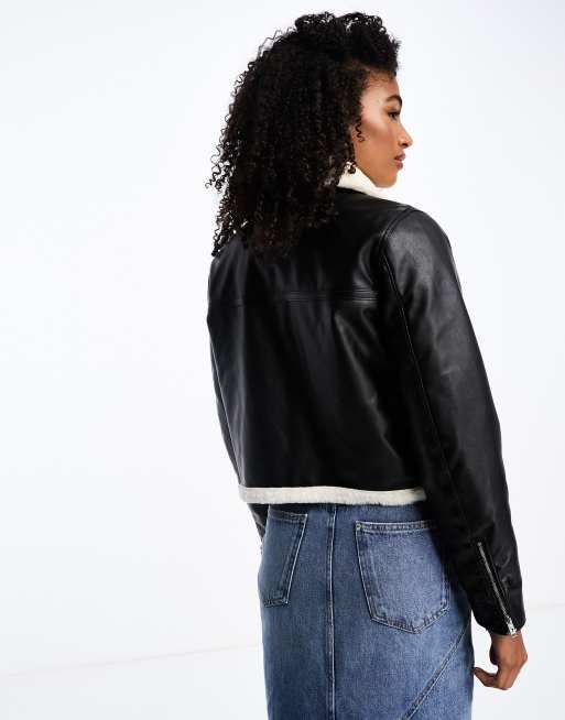 Hollister faux leather cropped biker jacket with faux fur lining