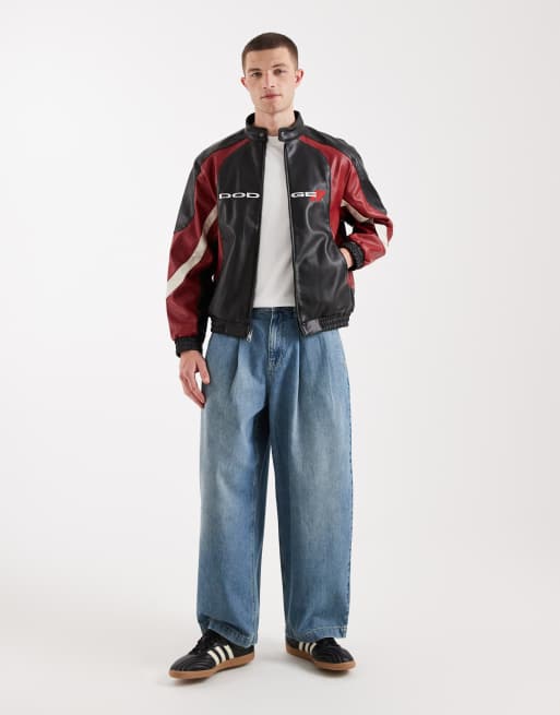 Hollister faux leather dodge graphic bomber jacket in black, 2 of 5