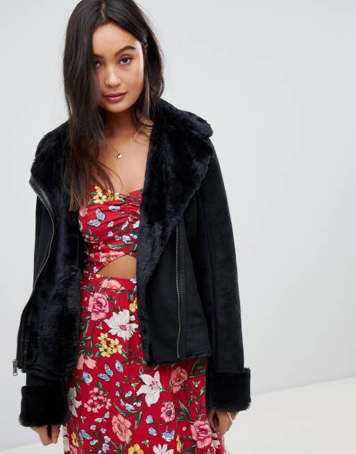 Hollister black shearling biker jacket 2025