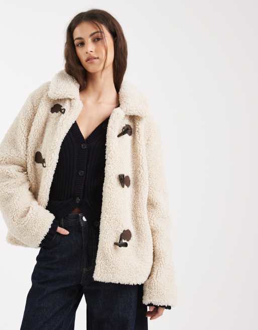 Hollister faux shearling toggle jacket in white, 2 of 4