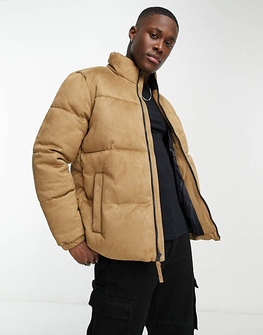 Hollister faux suede oversized puffer jacket in brown | ASOS