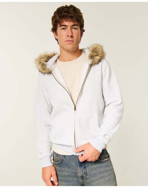 Hollister Feel good faux fur trim zip-up hoodie in light heather gray - view 1