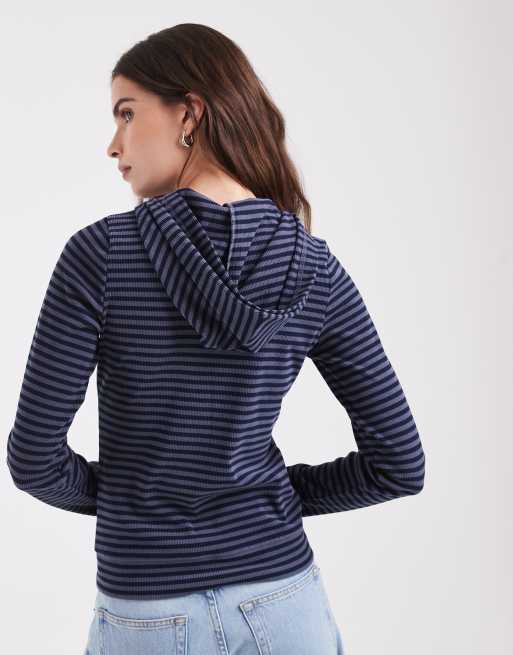 Hollister felpa con cappuccio aderente a maniche lunghe a righe blu, 4 di 9