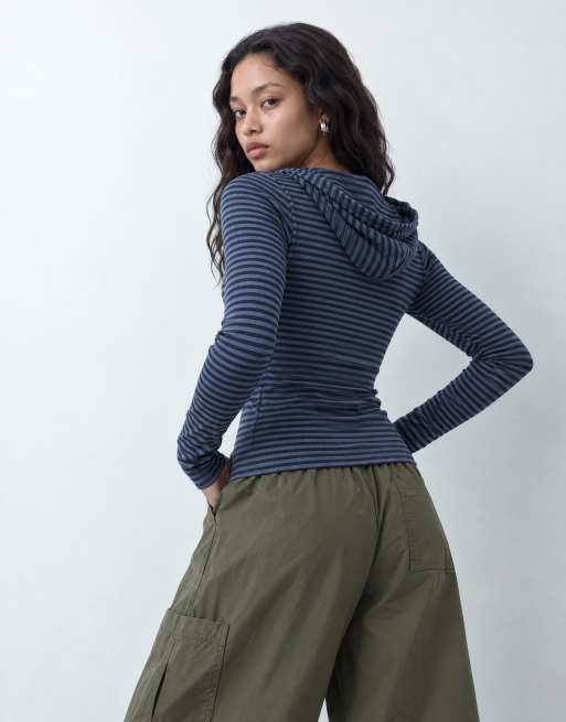 Hollister felpa con cappuccio aderente a maniche lunghe a righe blu, 6 di 9