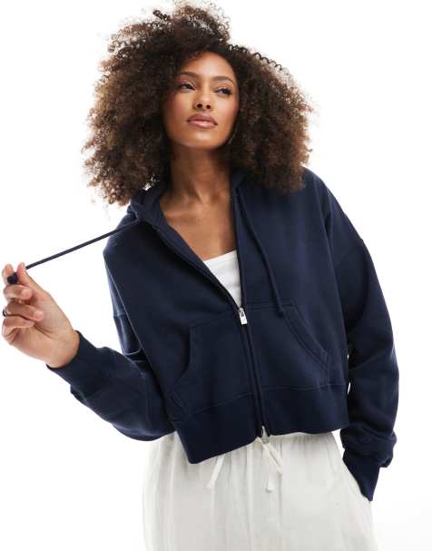 Hollister - Felpa con cappuccio blu navy taglio corto squadrata con zip - view 1