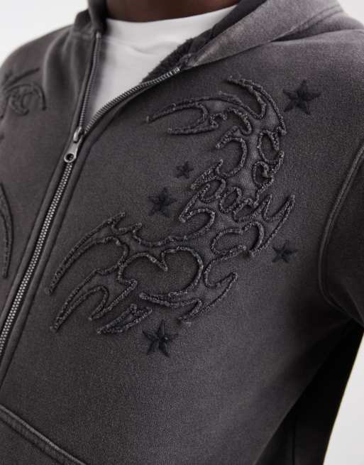Hollister - Felpa con cappuccio e zip nero slavato con etichetta y2k, 3 di 5