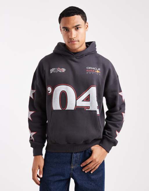 Hollister - Felpa con cappuccio nera squadrata con grafica F1 sul retro