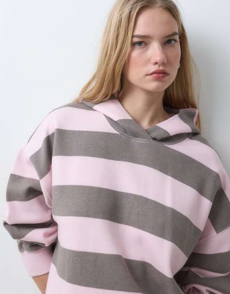 Hollister felpa con cappuccio oversize con grafica a righe rosa e marroni - view 1