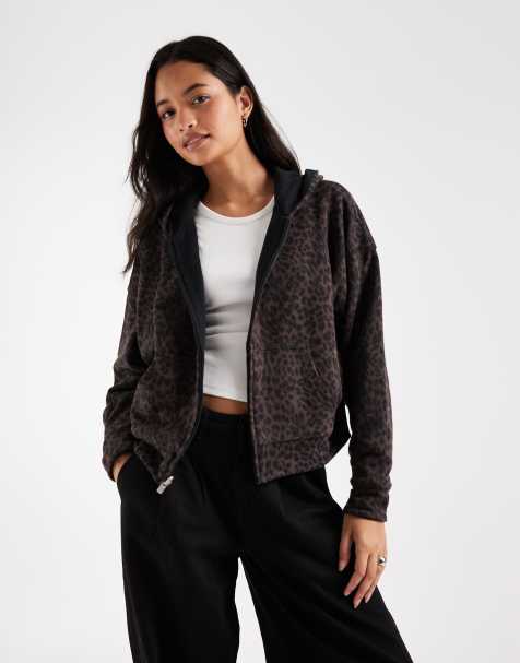 Hollister felpa con cappuccio reversibile con zip in nero e stampa leopardata - view 1