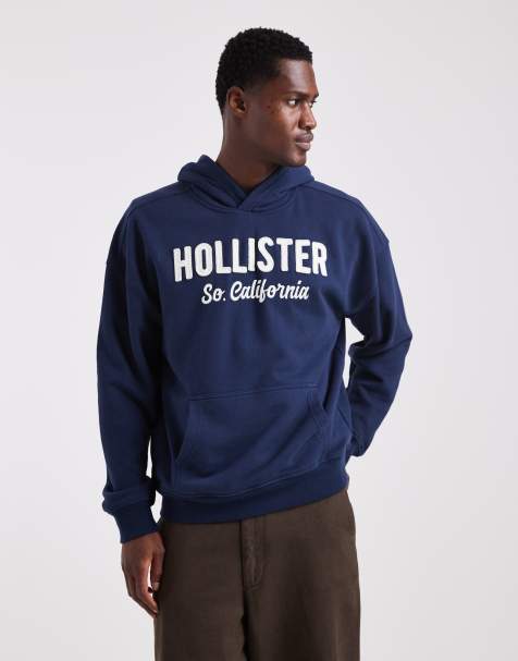 Hollister - Felpa squadrata in spugna color blu navy con cappuccio e logo - view 1