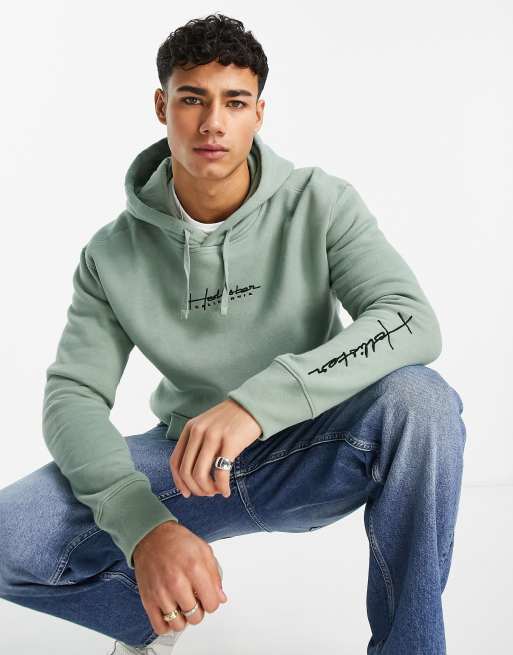 Hollister - Felpa verde con scritta del logo e cappuccio