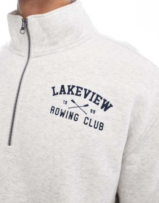 Hollister Felpa vestibilita comoda grigio melange con zip corta e scritta Lakeview Rowing Club stile vintage ASOS