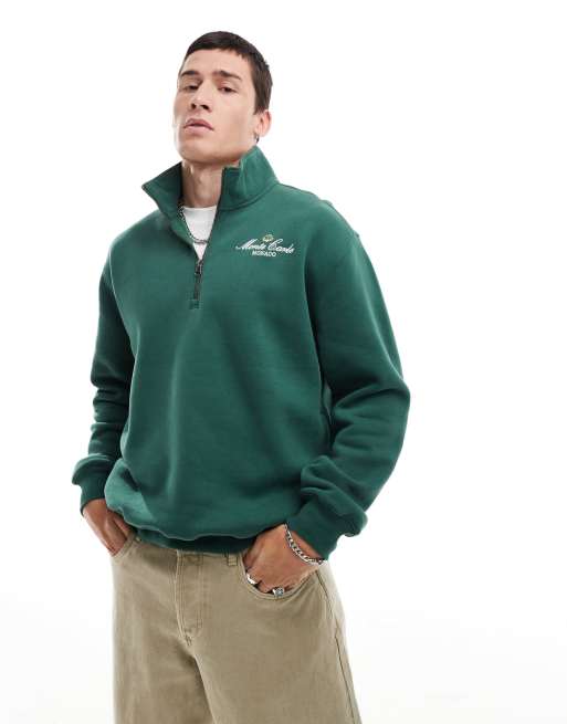 Hollister Felpa vestibilita comoda verde scuro con zip corta e dettaglio Monte Carlo stile vintage ClassicfuncenterShops