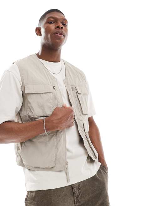 Hollister - Festival - Beige utility-vest i nylon med mesh-for