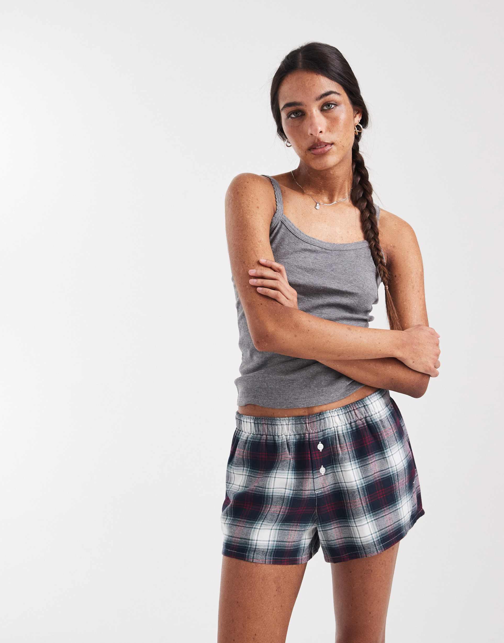hollister festive boxer pajama shorts in navy plaid