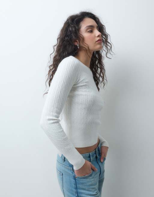 Hollister figurbetonter Zopfstrickpullover mit U-Boot-Ausschnitt in Weiß, 1 von 4