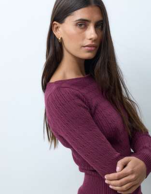 Hollister Fitted Cable Knit Slash Neck Sweater In Purple