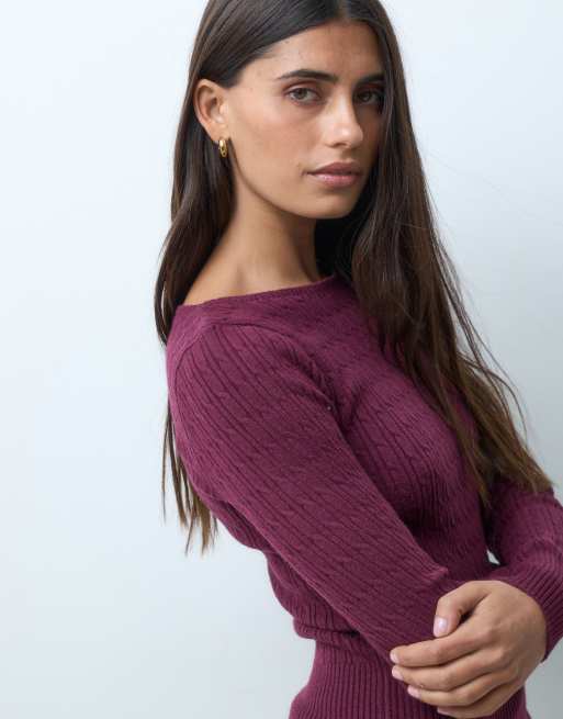 Hollister fitted cable knit slash neck sweater in burgundy, 1 of 4