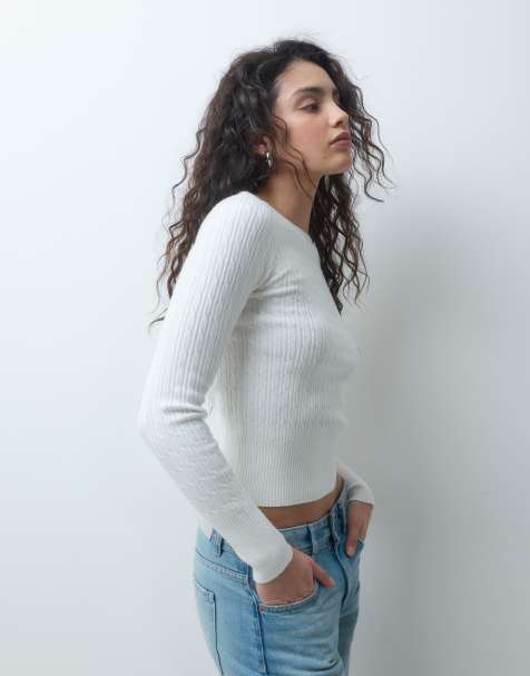 Hollister fitted cable knit slash neck sweater in white - view 1