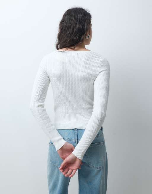 Hollister fitted cable knit slash neck sweater in white, 2 of 4