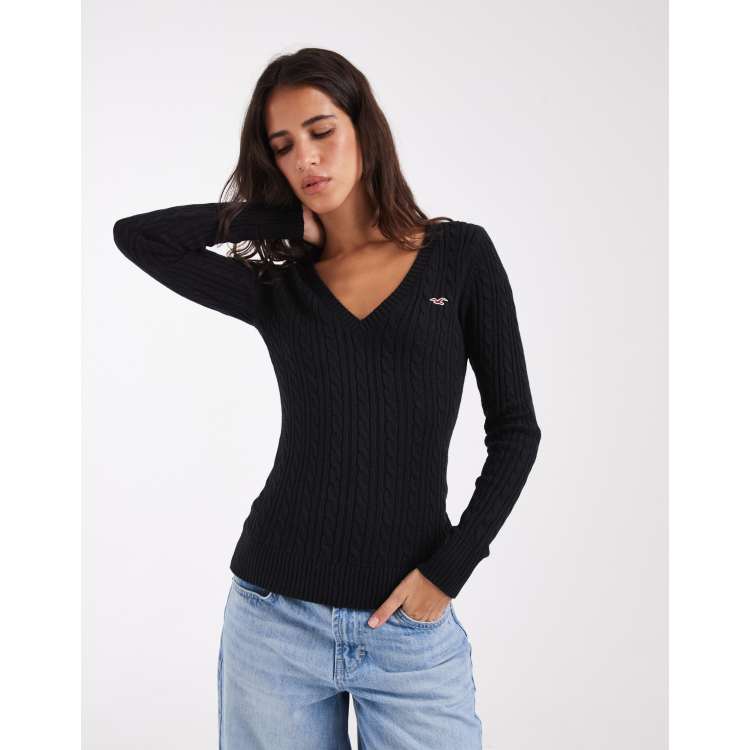 トップス vintage Hollister Vneck knit top S Hollister fitted cable knit v neck jumper in navy | ASOS