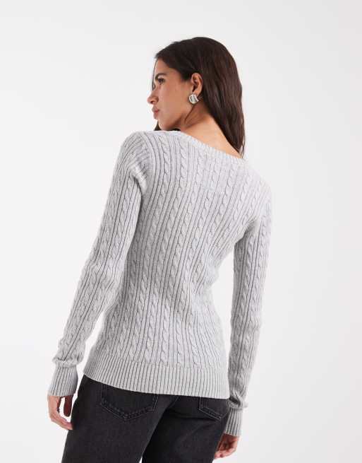 Hollister fitted cable knit V-neck sweater in light gray, 4 of 4