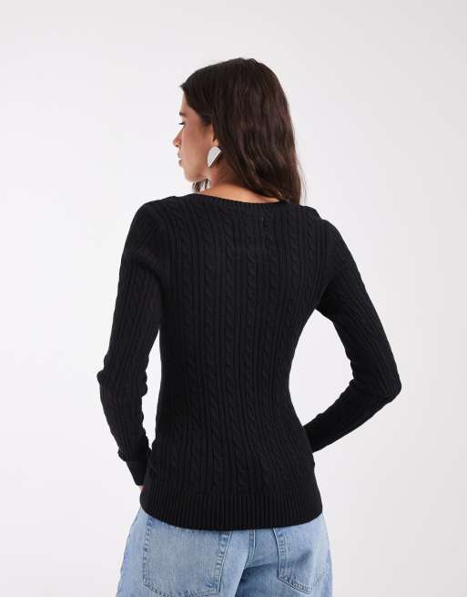 Hollister fitted cable knit V-neck sweater in navy, 4 of 4