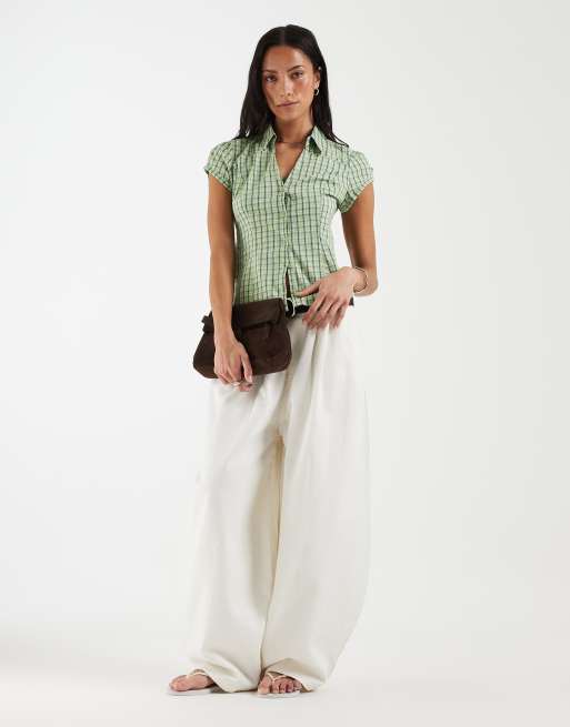 Hollister fitted cinched waist short sleeve shirt in green check, 2 of 4