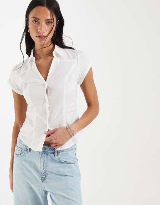 Hollister fitted cinched waist short sleeve shirt in white