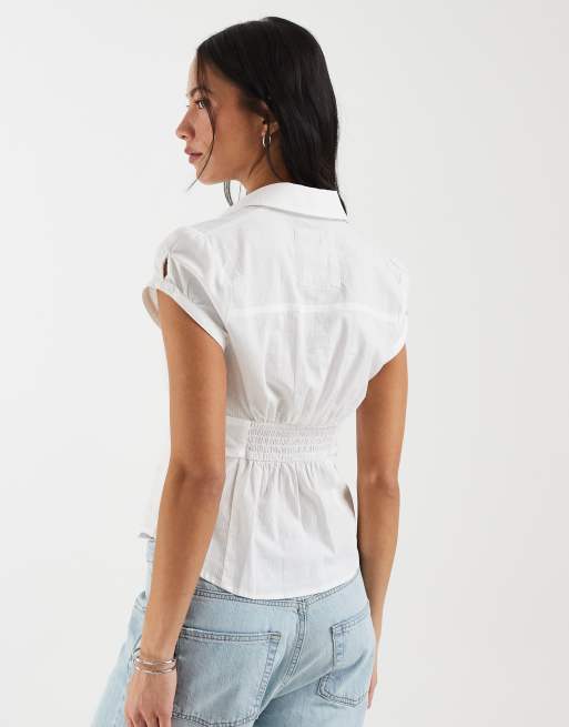 Hollister fitted cinched waist short sleeve shirt in white, 4 of 4