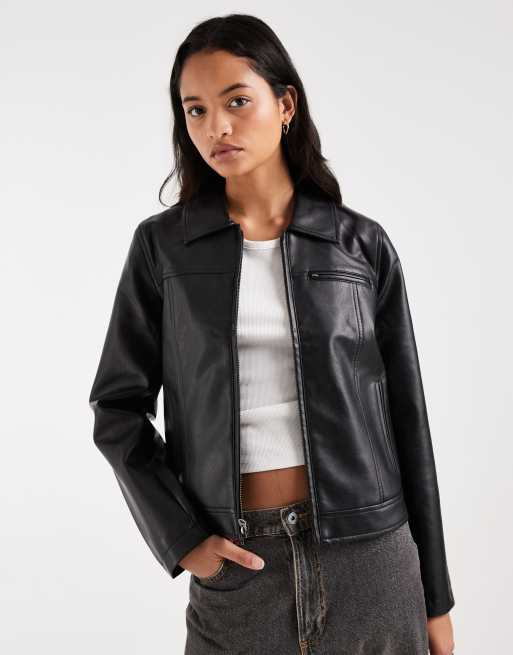 Hollister fitted faux leather jacket in black, 1 of 4