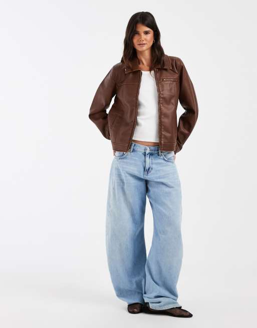 Hollister fitted faux leather jacket in brown, 2 of 4