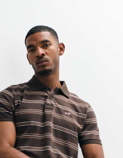 Hollister fitted short sleeve polo with icon logo in brown stripe, 3 of 5