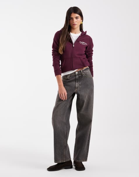 Hollister fitted zip up heritage logo hoodie in burgundy - view 1
