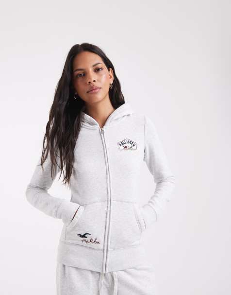 Hollister fitted zip up heritage logo hoodie in grey - view 1