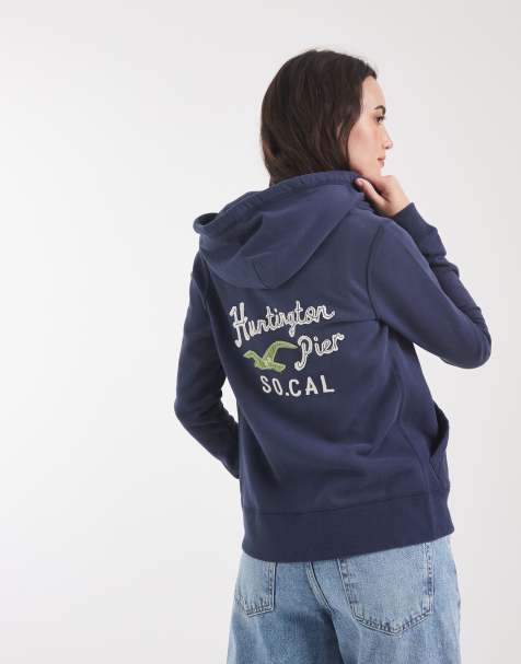 Hollister fitted zip-up heritage logo hoodie in navy - view 1