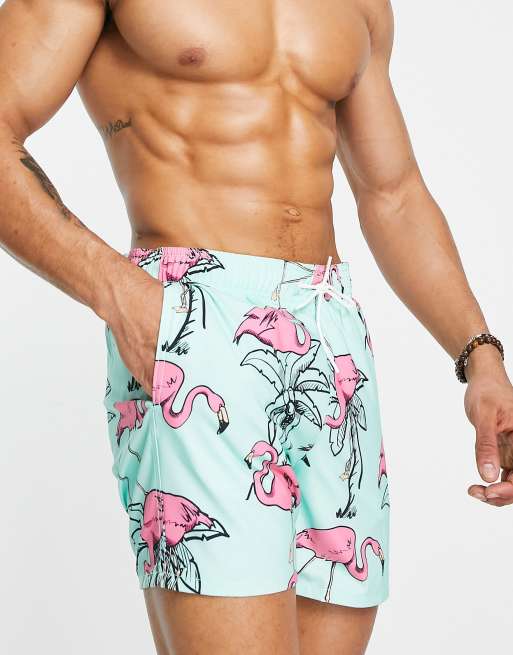 Hollister flamingo print guard swim shorts in mint green ASOS