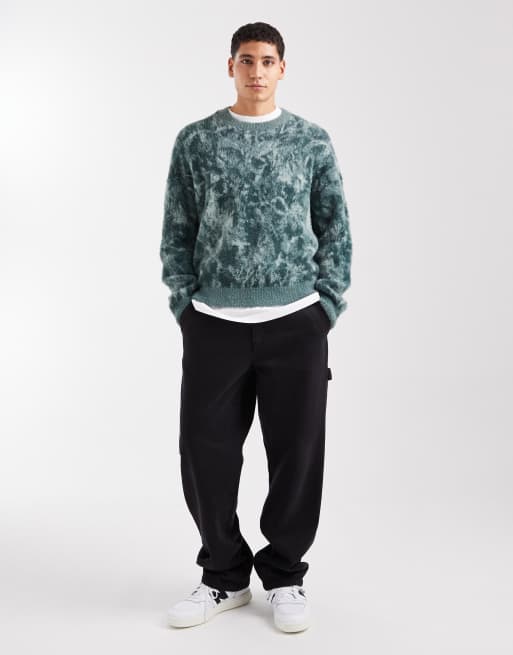 Hollister – Flauschiger, kastiger Pullover in Grün mit Spritzermuster, 2 von 5