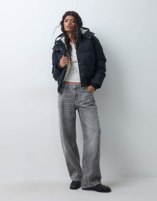 Hollister fleece lined cropped hooded puffer jacket in black, 1 of 5