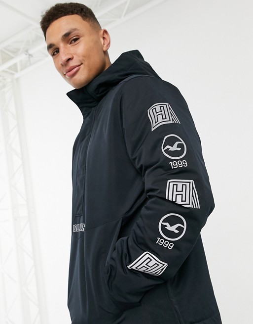 Hollister fleece lined sleeve logo hooded overhead jacket in black